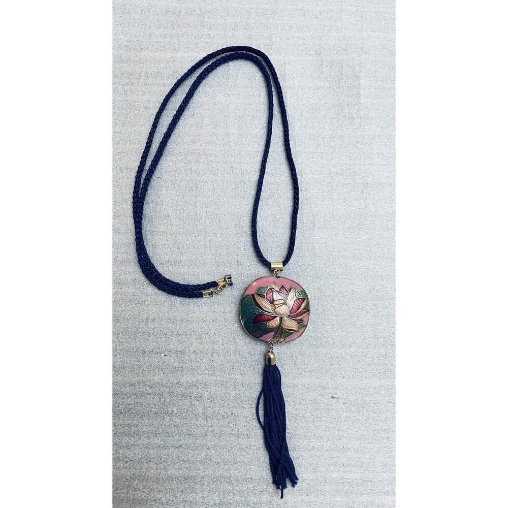 Vintage Cloisonné Pendant Necklace 1.75" w/ Tassel on 30" Navy Cord Boho